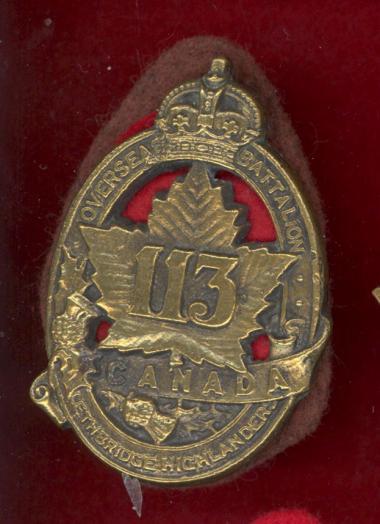 Canadian 113th Bn Lethbridge Highlanders WW1 CEF cap badge