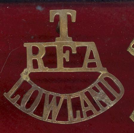  T / RFA / LOWLAND WW1 shoulder title