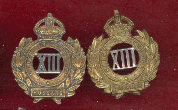 13th Hussars WW1 OR's collar badges 