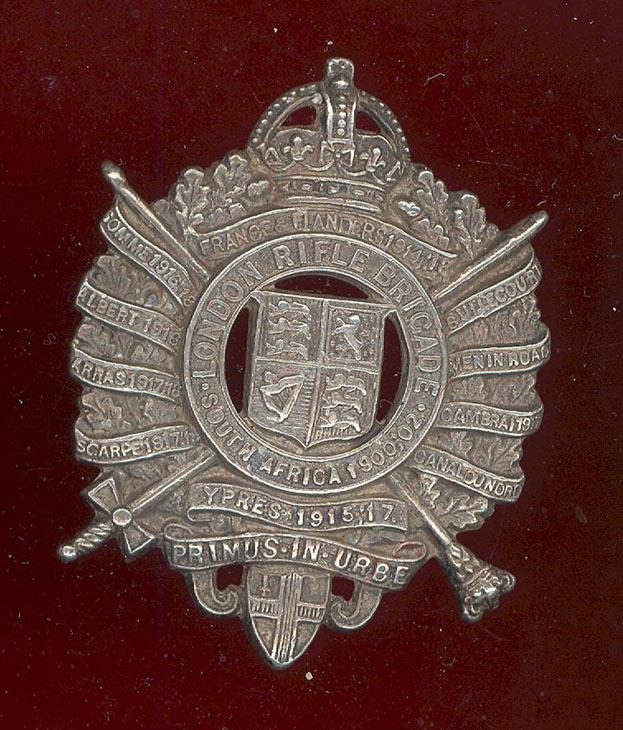 London Rifle Brigade WW2 pattern silver Officer’s cap badge.