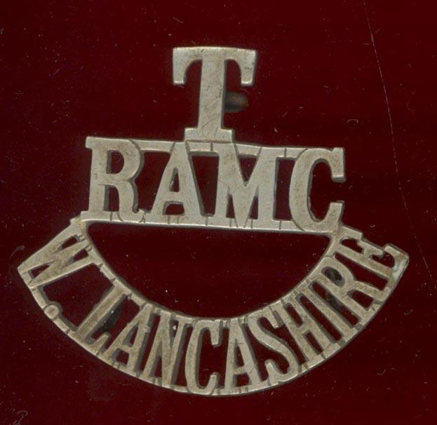 T / RAMC / W. LANCASHIRE pre WW1 white metal shoulder title.