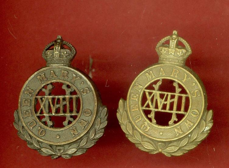 18th Hussars Queen Mary's Own WW1 Officer's OSD collar badges