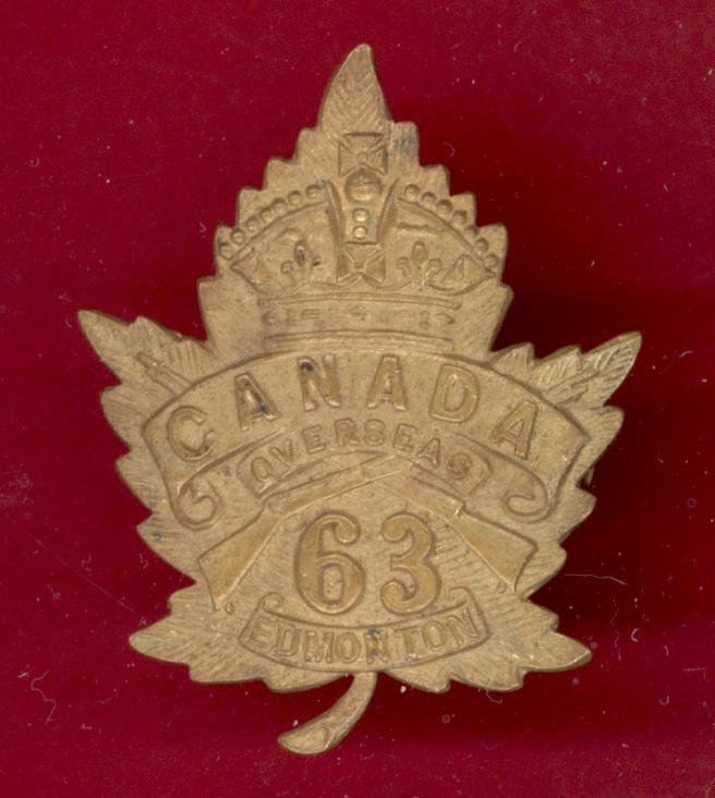 Canadian 63rd Battalion (Edmonton, Alberta) WW1 CEF Cap Badge