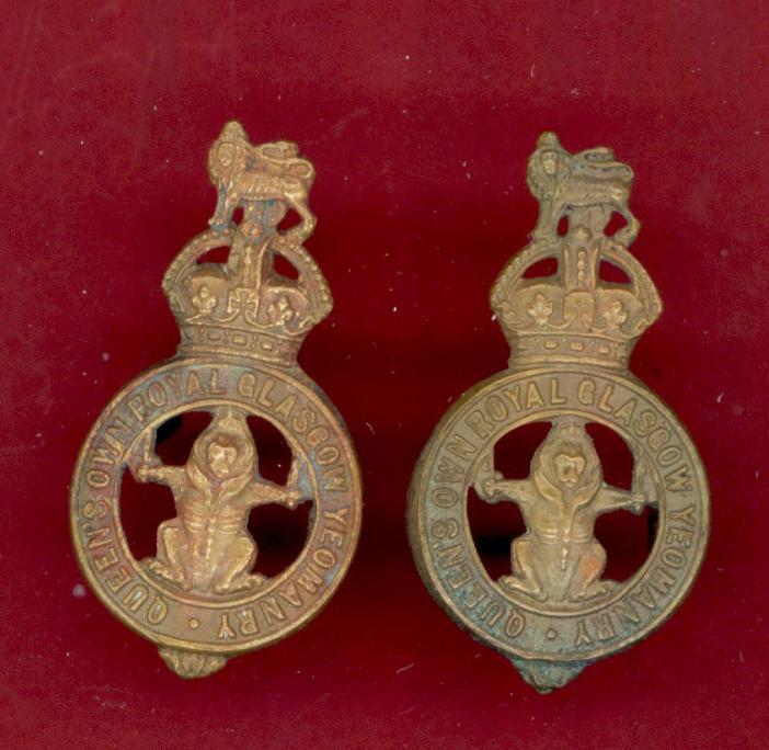 Scottish The Queen's Own Royal Glasgow Yeomanry WW1 collar badges