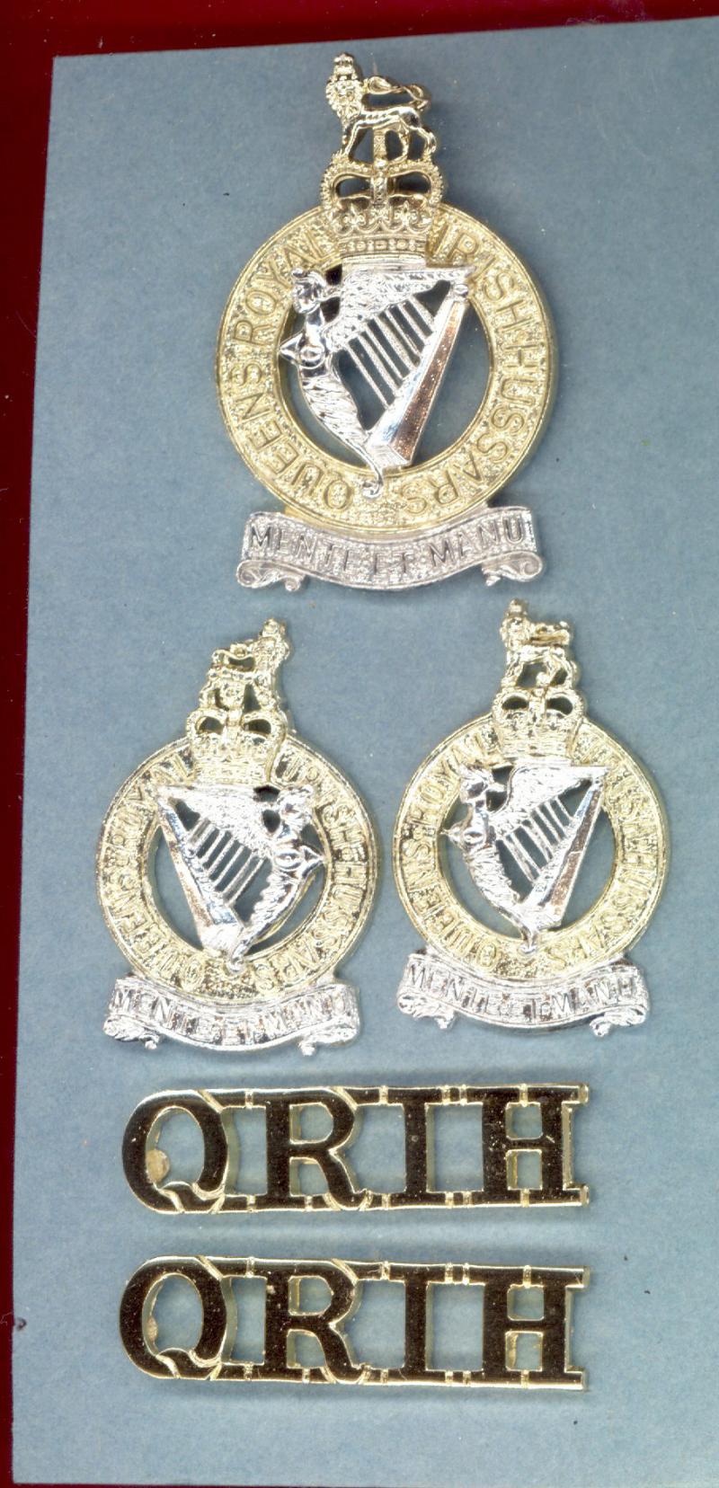 Queen's Royal Irish Hussars staybright cap,collar & title badges