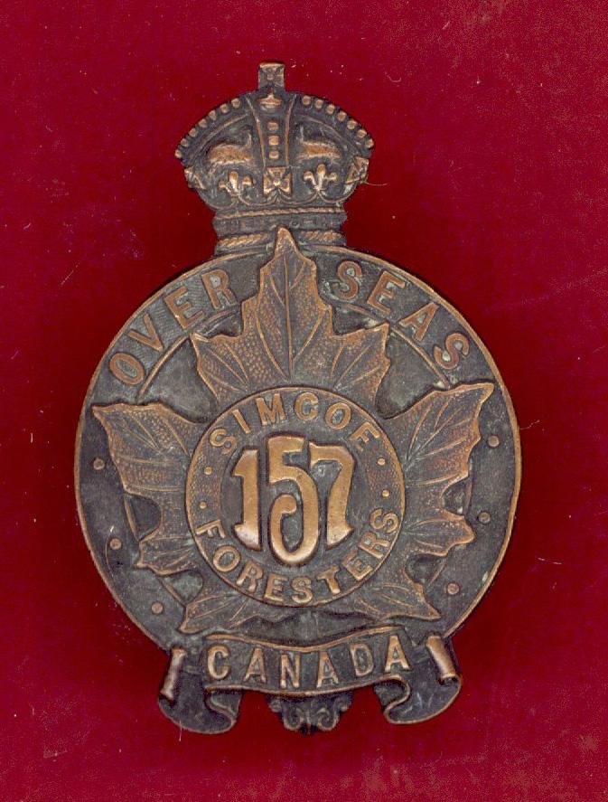 Canadian 157th Simcoe Foresters - Barrie, Ontario Bn. WW1 CEF cap badge