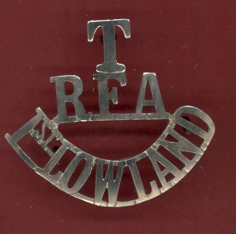 T / RFA / 1st LOWLAND pre WW1 white metal shoulder title