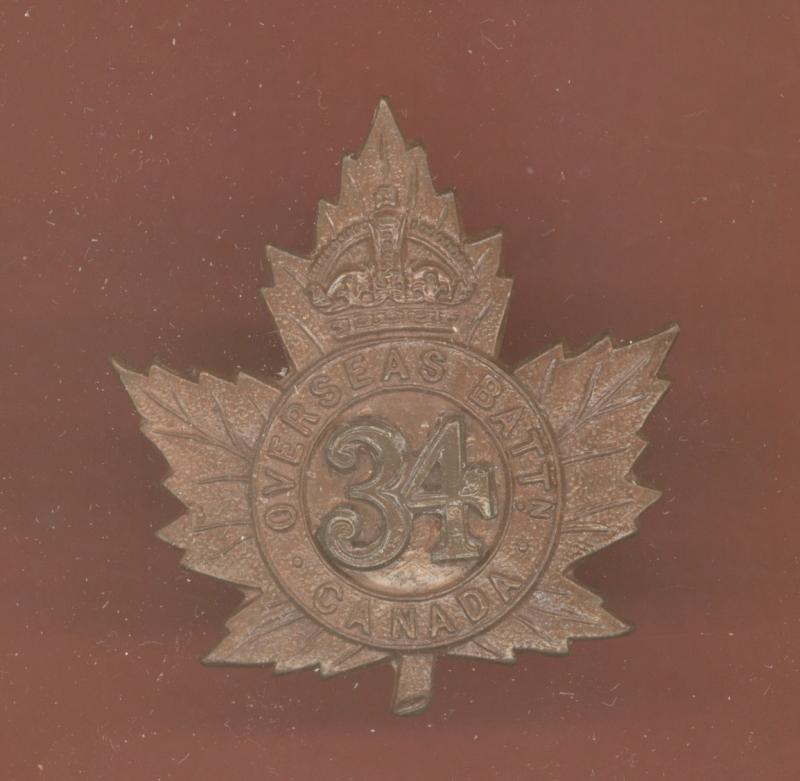 Canadian 34th Reinforcing Bn. WW1 CEF Officer's cap badge
