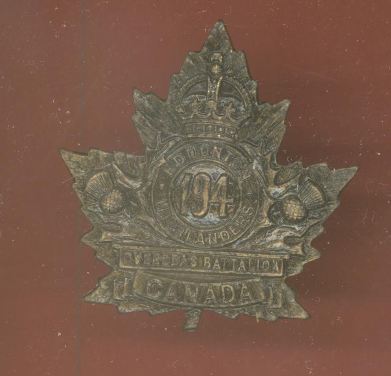 Canadian 194th Edmonton Highlanders Bn. WW1 CEF cap badge