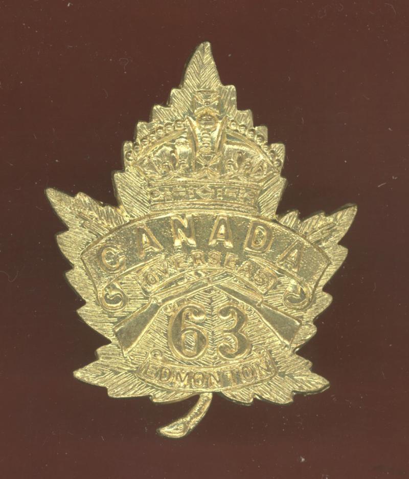 Canadian 63rd Battalion (Edmonton, Alberta) WW1 CEF Cap Badge