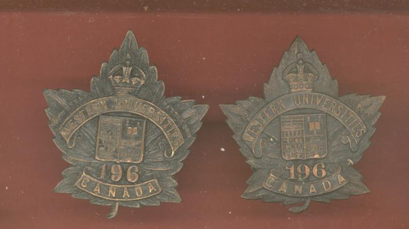 Canadian 196th Western Universities Bn. WW1 CEF collar badges