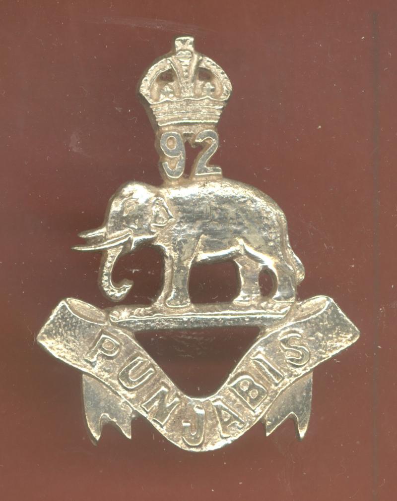 Indian Army 92nd Punjabis WW1 helmet badge