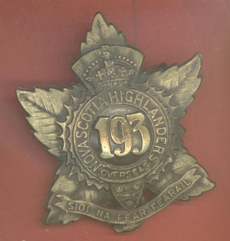 Canadian 193rd Nova Scotia Highlanders (Cape Breton Highlanders) Bn. WW1 CEF glengarry badge