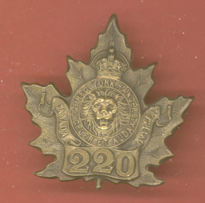 Canadian 220th York Rangers, Toronto Bn. WW1 CEF cap badge