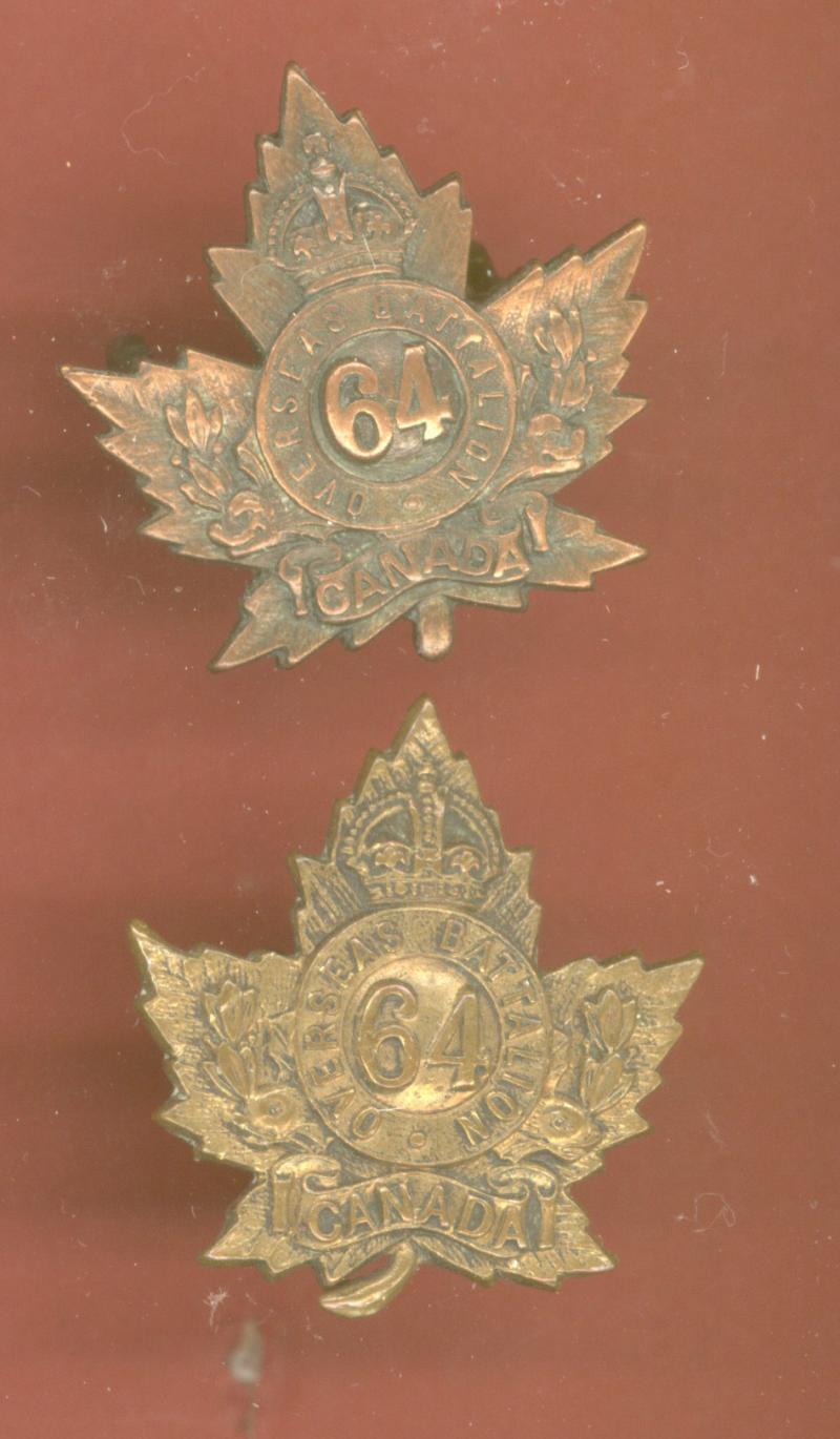 Canadian 64th Halifax Nova Scotia Bn. WW1 CEF collar badges