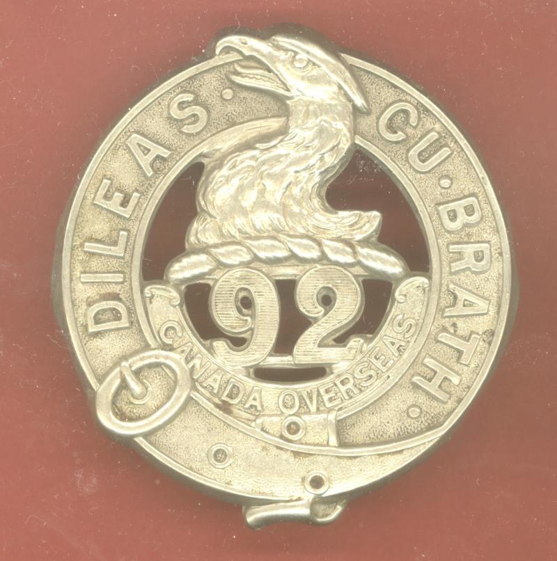 Canadian 92nd Toronto Bn. WW1 CEF glengarry badge