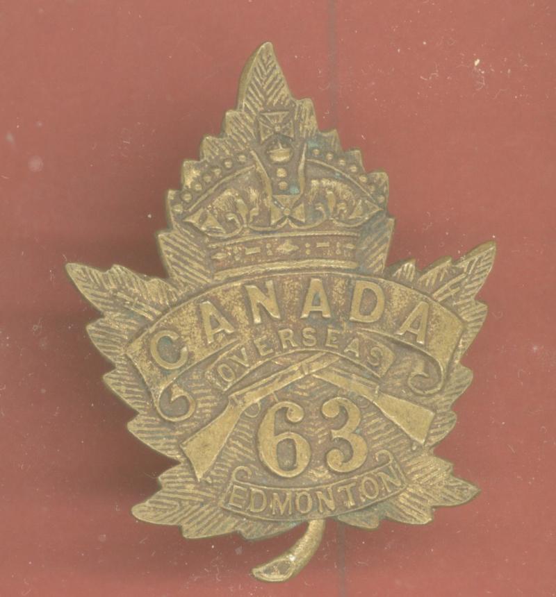Canadian 63rd Battalion (Edmonton, Alberta) WW1 CEF Cap Badge