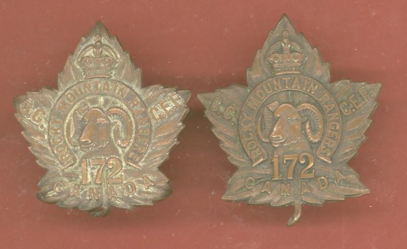 Canadian 172nd Rocky Mountain Rangers. Bn. WW1 CEF collar badges
