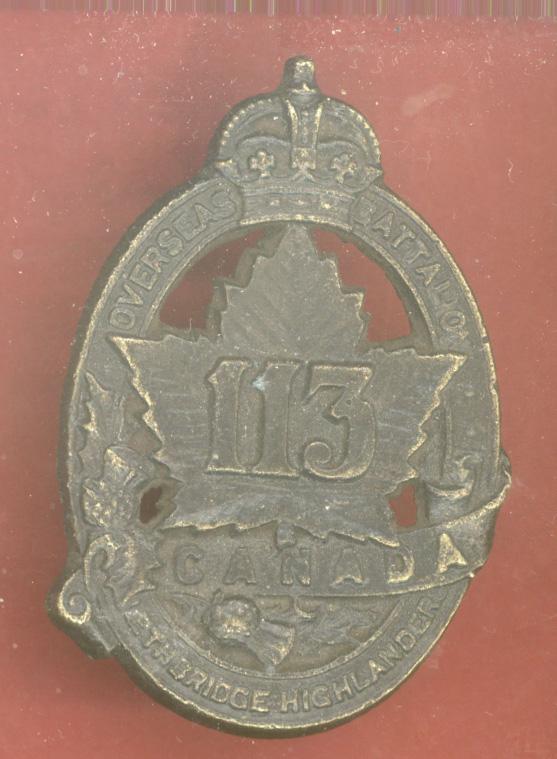 Canadian 113th Bn Lethbridge Highlanders WW1 CEF cap badge